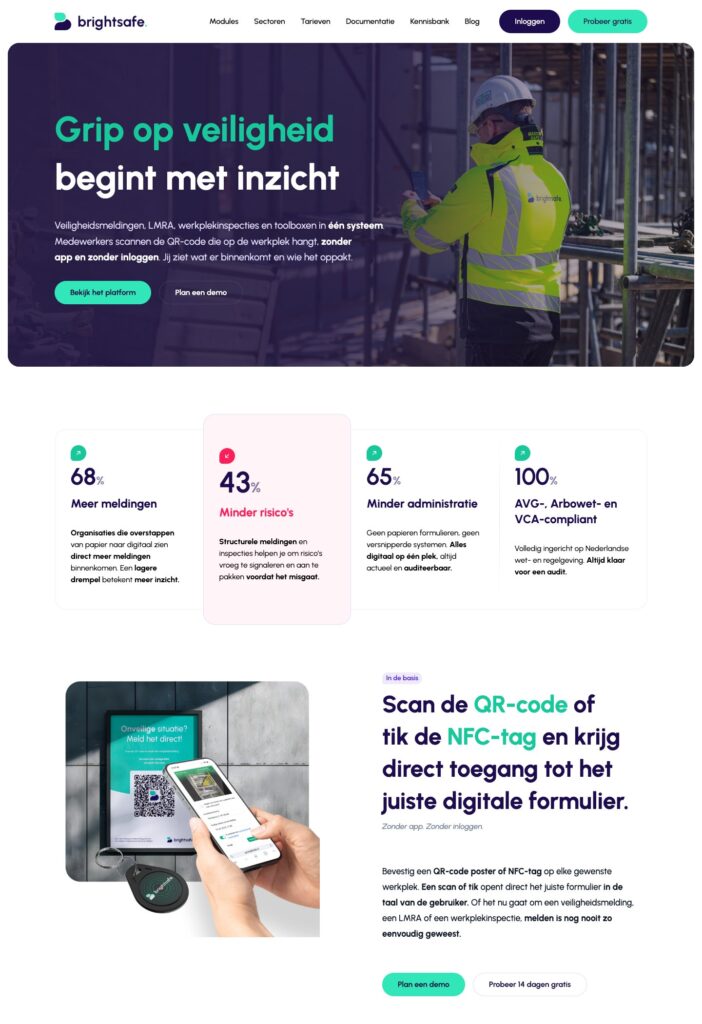 De homepage van Brightsafe