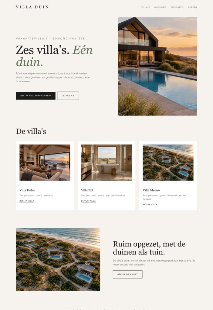 De homepage van Villa Duin
