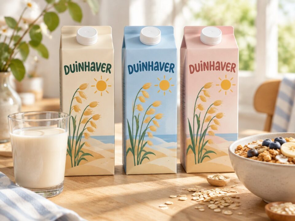 Drie pakken haverdrank van conceptmerk Duinhaver op een ontbijttafel