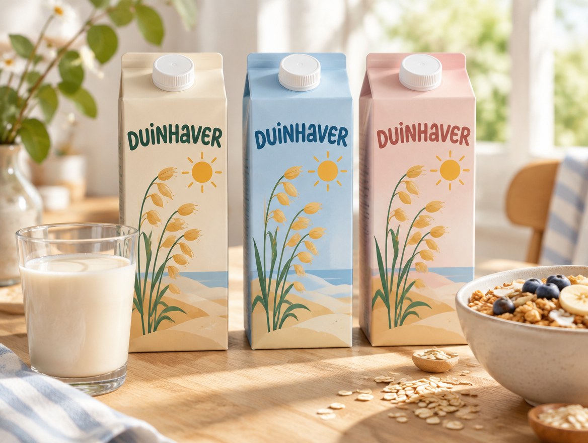 Drie pakken haverdrank van conceptmerk Duinhaver op een ontbijttafel