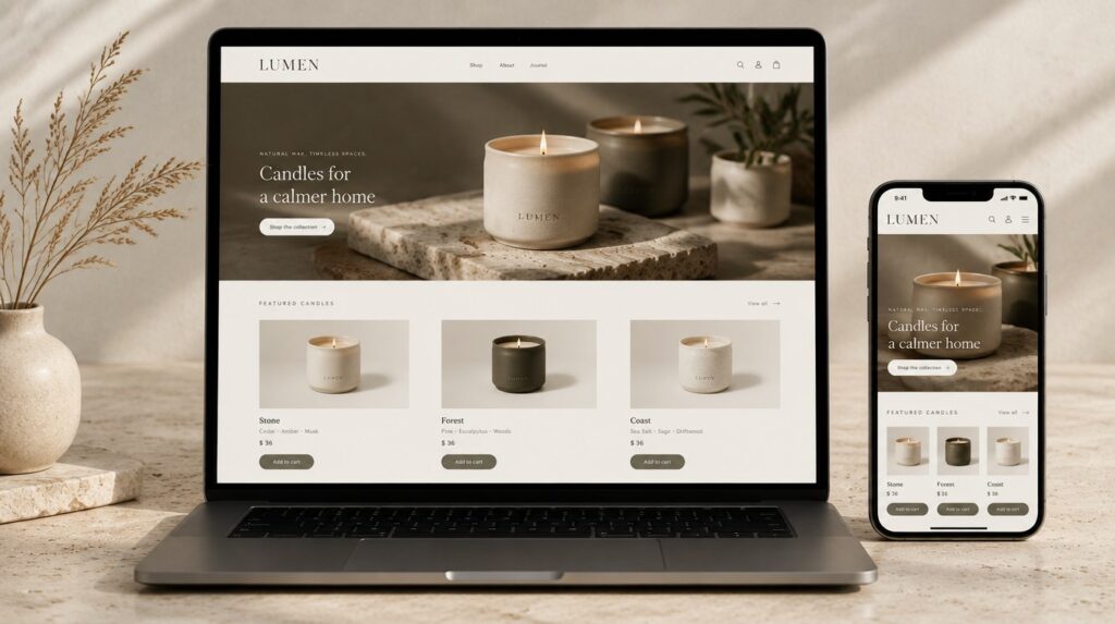 Shopify-webshop van Lumen op laptop en telefoon