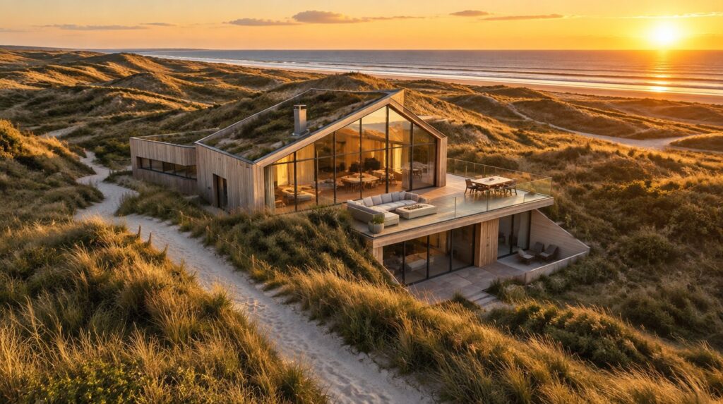 Woning van Noordkaap in de duinen, vanuit de lucht