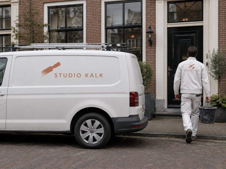 Bestelbus en werkkleding met de huisstijl van conceptmerk Studio Kalk