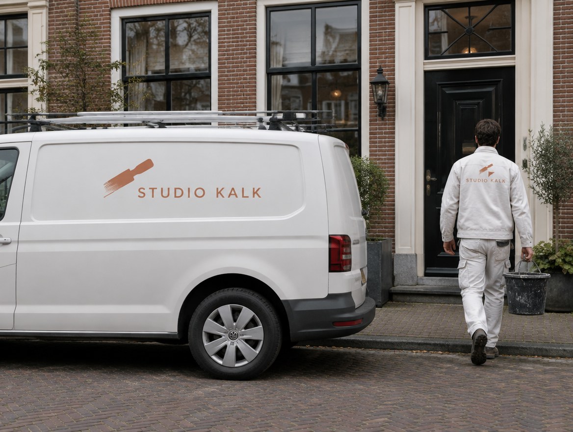 Bestelbus en werkkleding met de huisstijl van conceptmerk Studio Kalk
