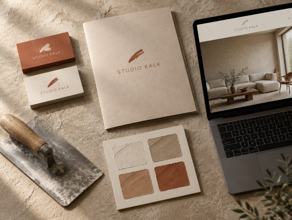 Visitekaartjes, offertemap, kleurstalen en website van conceptmerk Studio Kalk