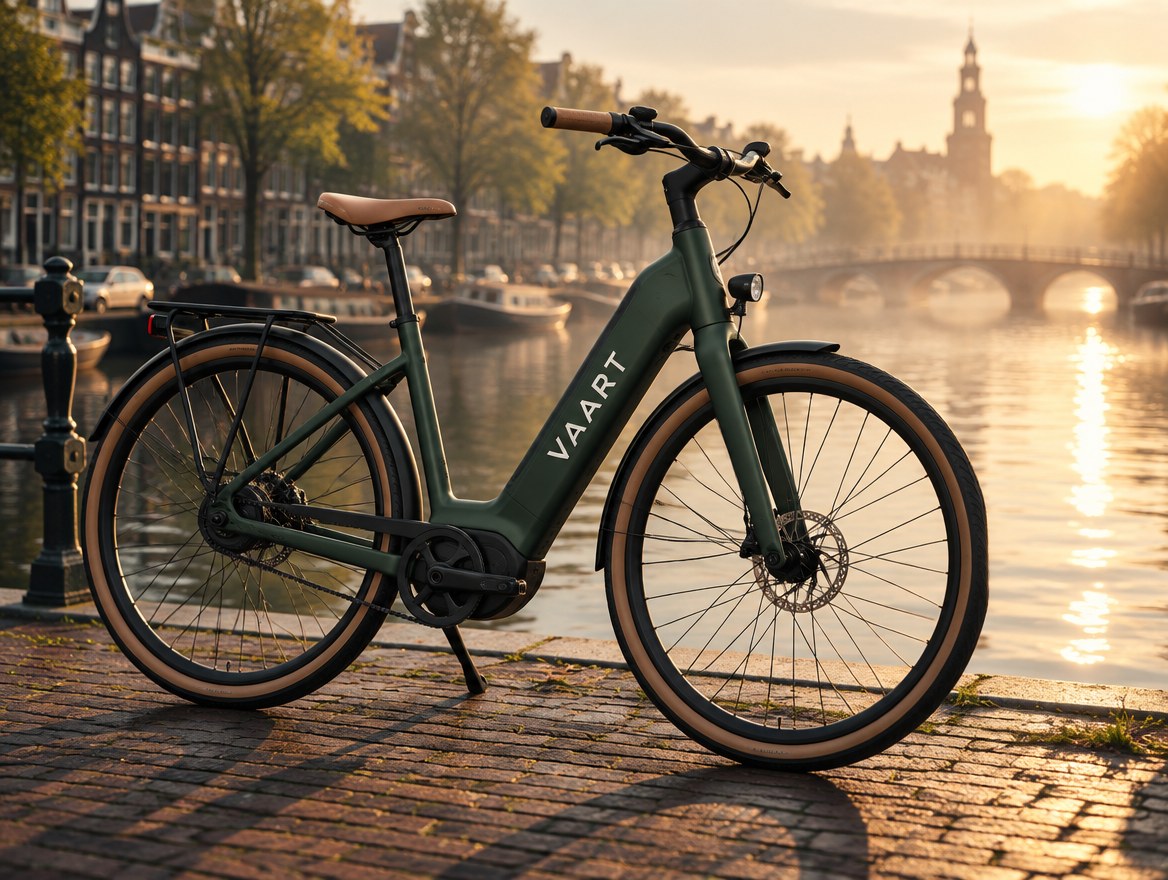 E-bike van het conceptmerk Vaart aan een gracht bij zonsopkomst