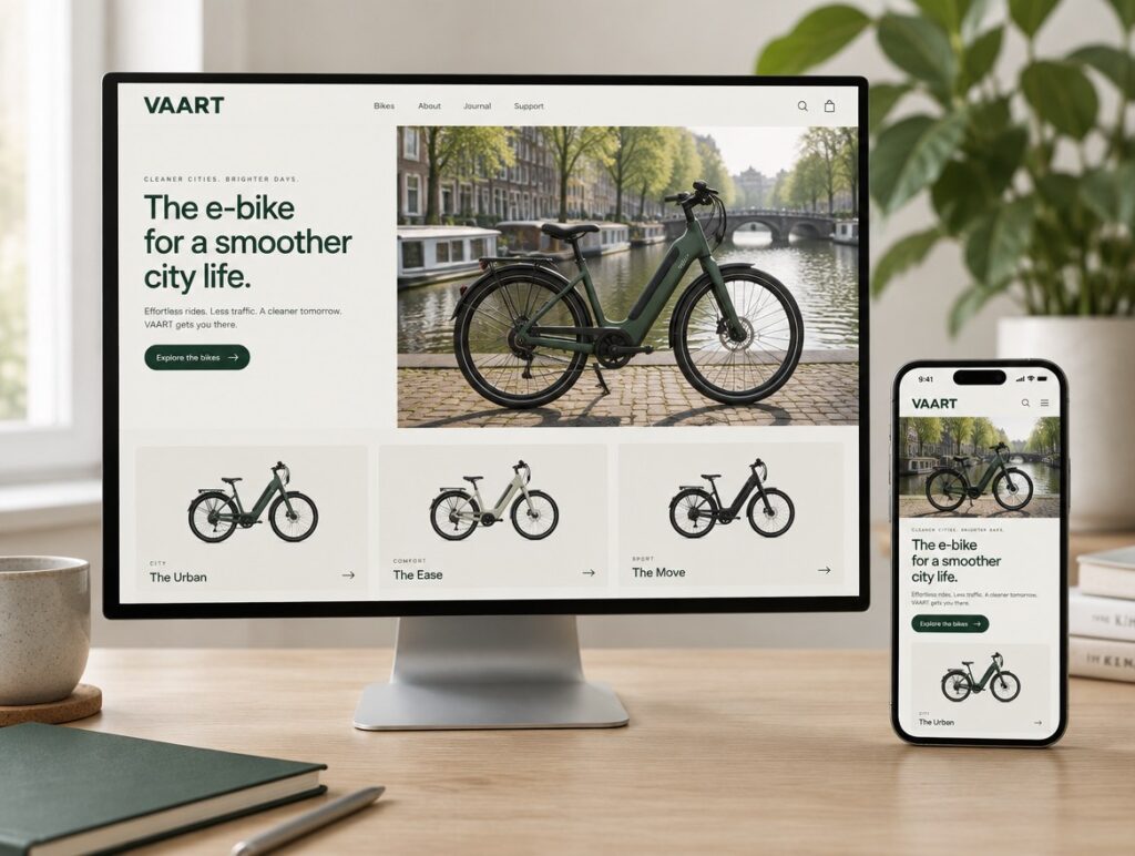 Websiteontwerp voor conceptmerk Vaart op een beeldscherm en een telefoon
