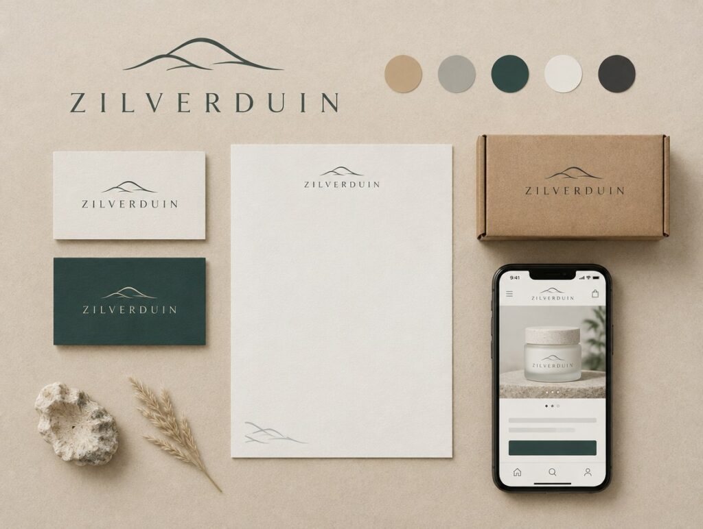 Huisstijl van conceptmerk Zilverduin: logo, kleuren, visitekaartjes, verzenddoos en webshop op telefoon